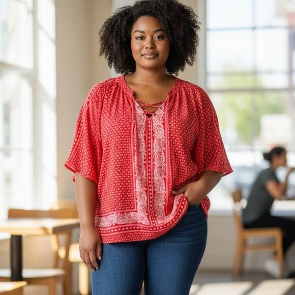Catherines Bandana Print Laceup Top Womens Size 3X Red White Boho Paisley Tee - Picture 8 of 8